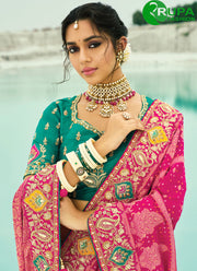 Rani Color Pure Georgette Bandhej Beads, Cut Dana, Embroidered, Fancy Work, Zari Work Saree